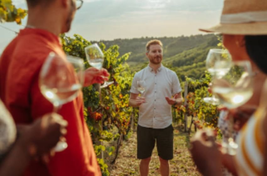 Guia enoturismo interagindo com os turistas.